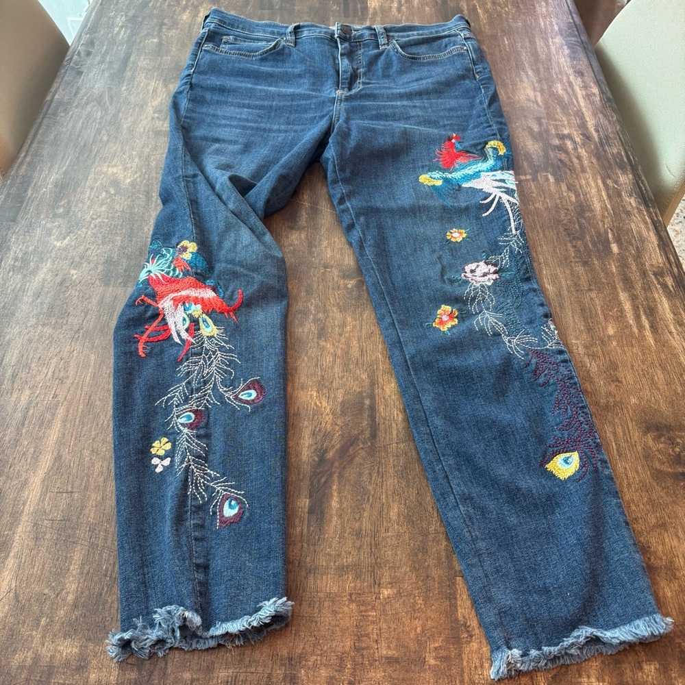 Free People Embroidered Straight Leg Jeans - Blue and Multicolor